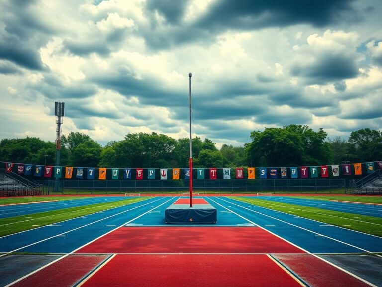 Flick International Empty high school track field with pole vaulting setup and banners