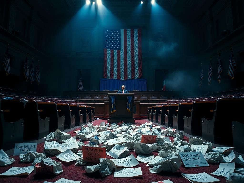 Flick International Dimly lit congressional chamber with empty seats and crumpled protest signs