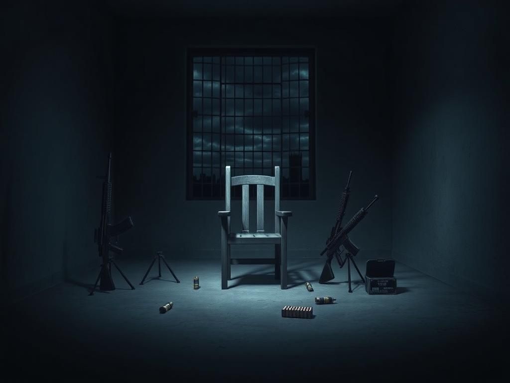 Flick International Stark execution chamber with metal chair and rifles