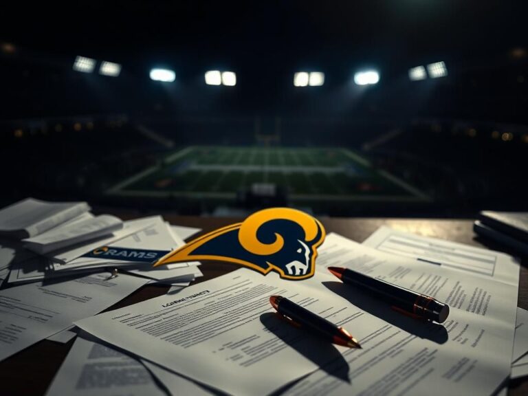 Flick International A cluttered desk with sports contracts and a Los Angeles Rams logo symbolizing contract negotiations