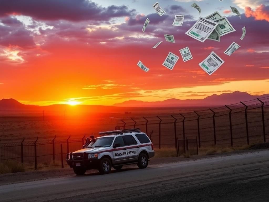 Flick International Dramatic sunset over the Texas border with a Border Patrol vehicle