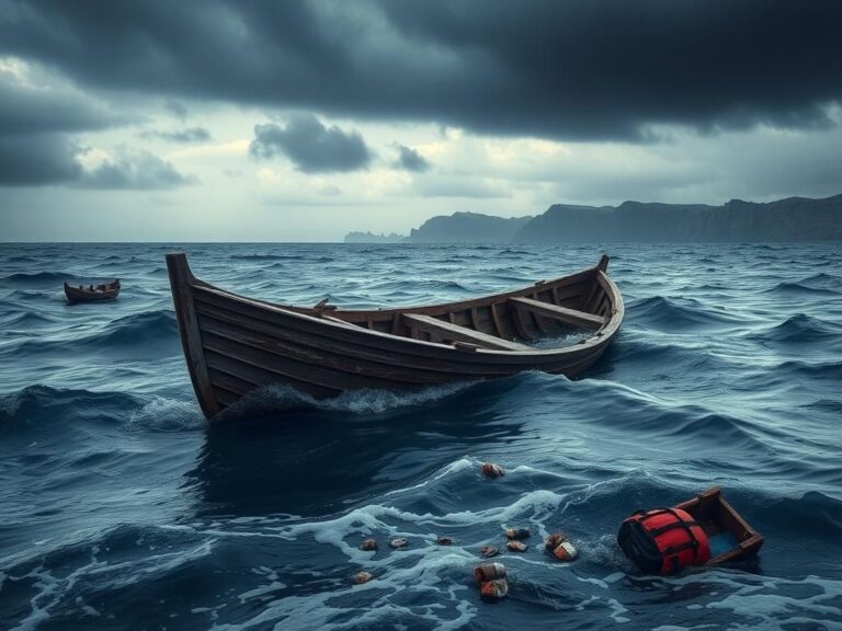 Flick International Broken, half-submerged wooden boat in turbulent waters between Yemen and Djibouti