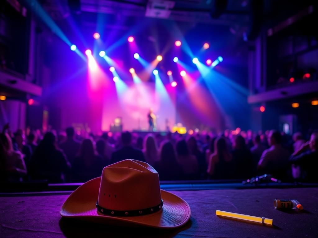 Flick International An illuminated stage at O2 Academy Birmingham with an abandoned cowboy hat on the ground