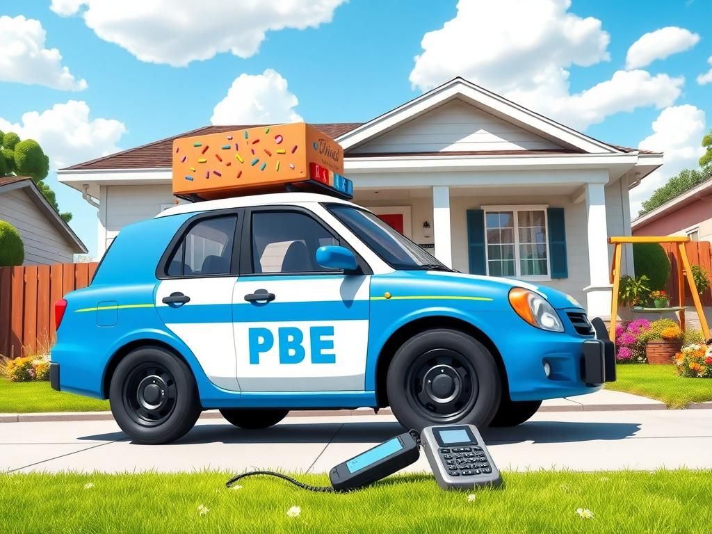 Flick International Colorful police cruiser with doughnuts on the roof in front of a cozy suburban home