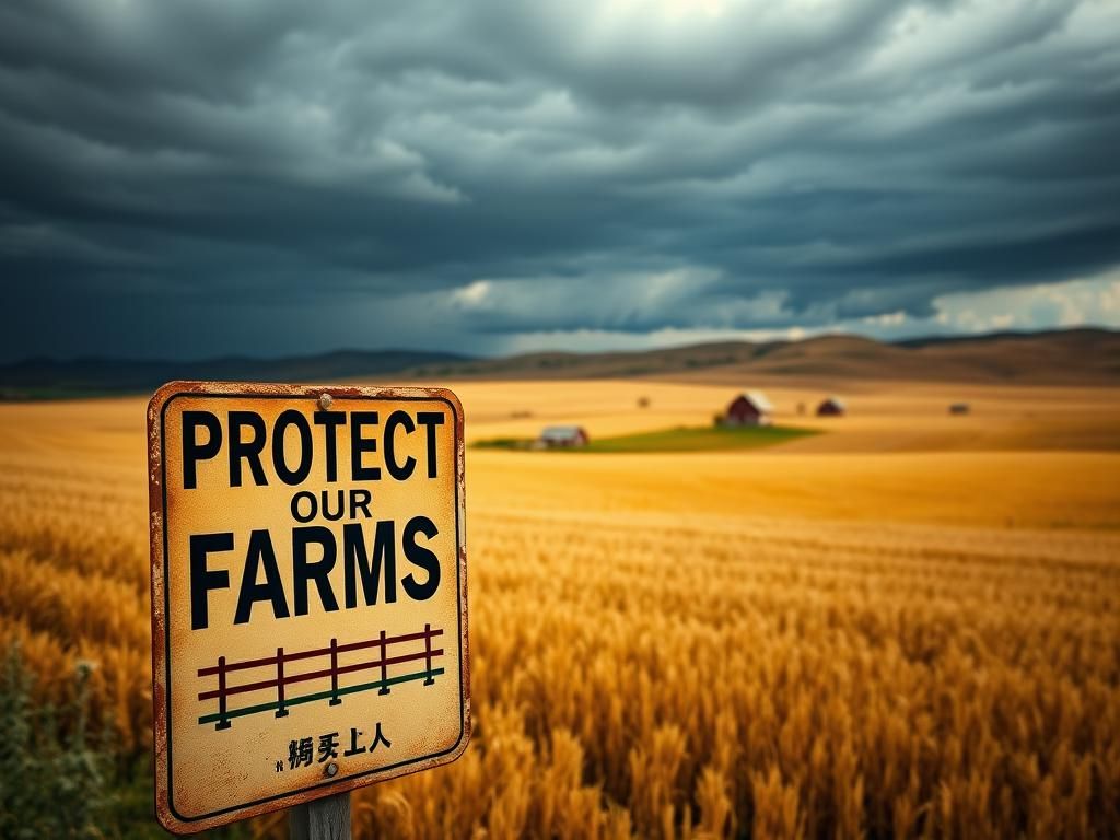 Flick International Expansive view of American farmland with golden crops and a weathered sign emphasizing land protection