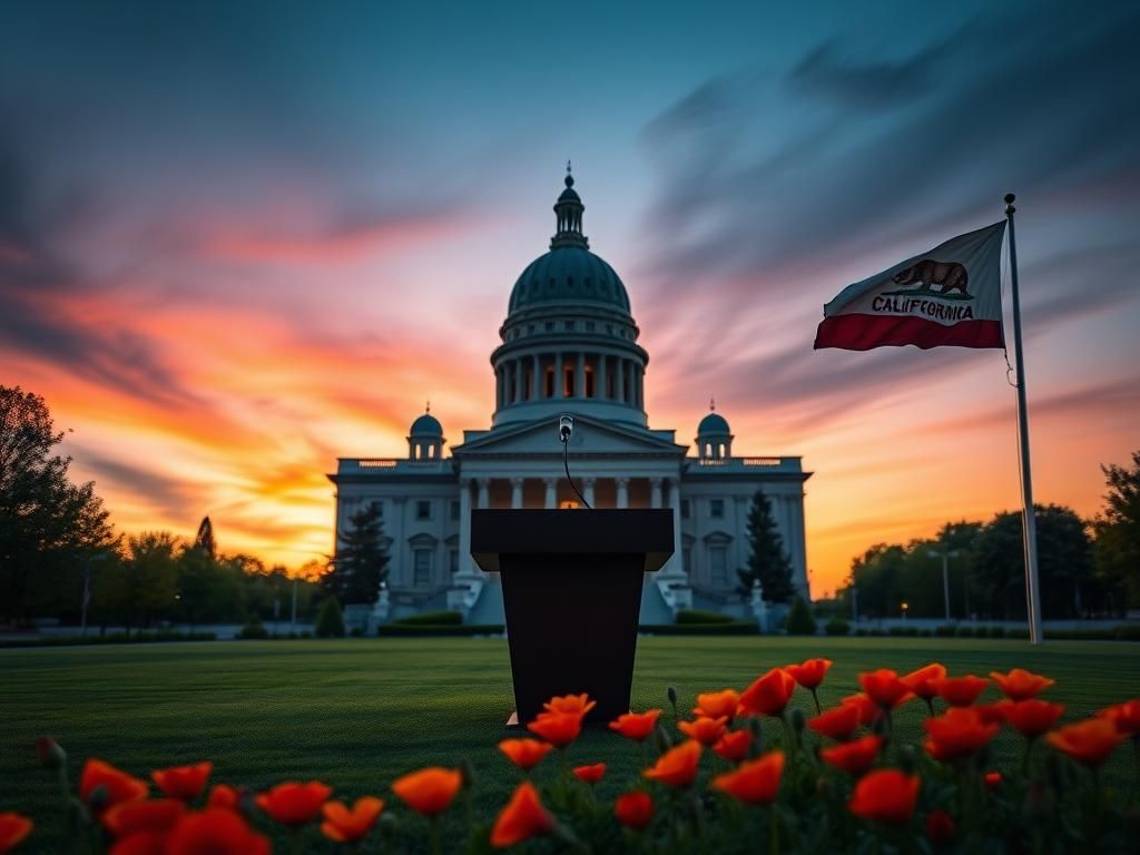 Flick International Dramatic view of the California state capitol building at twilight