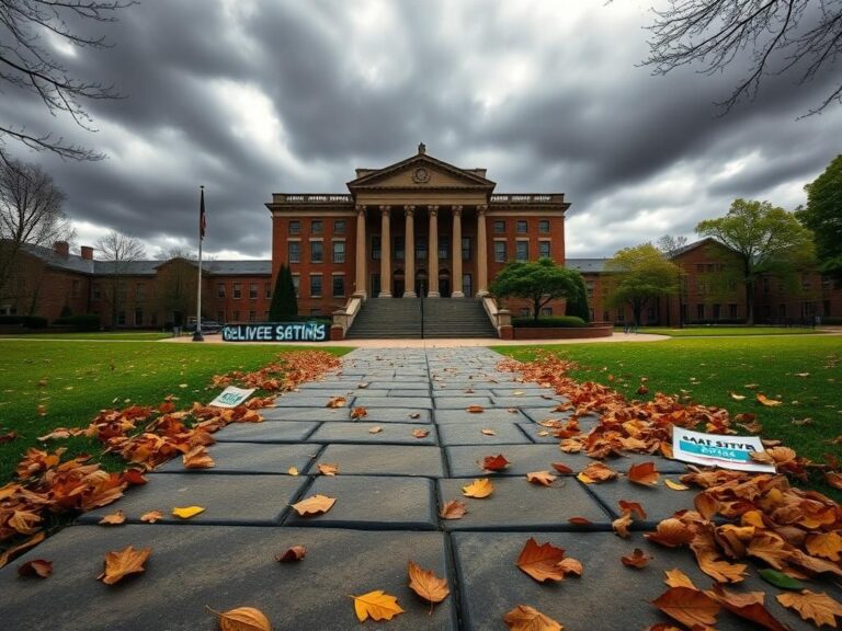 Flick International Academic building of a prestigious university set against a gray sky, symbolizing tension and change