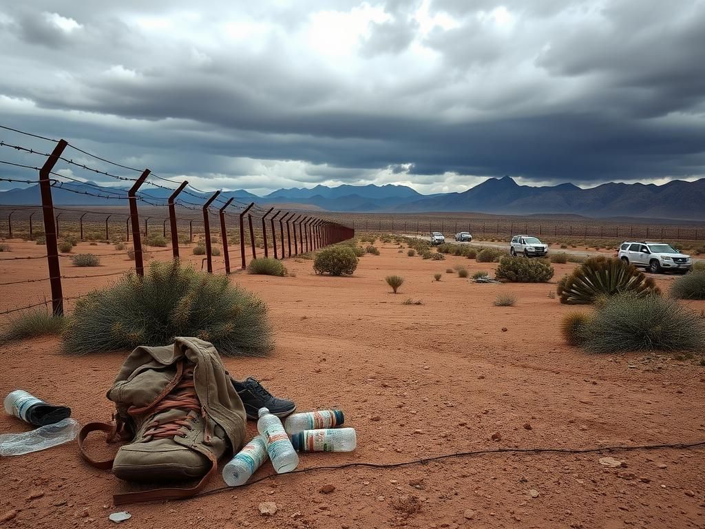 Flick International A desolate landscape depicting the U.S.-Mexico border with a barbed wire fence and personal belongings suggesting migrant struggles.