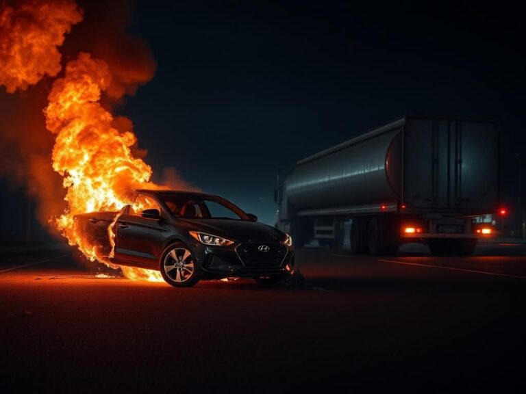 Flick International Fiery car wreck scene with a burned-out Hyundai Elantra engulfed in flames