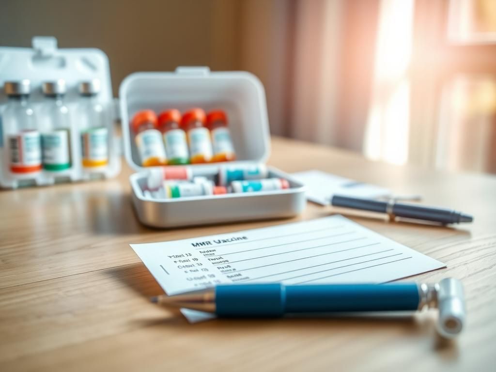 Flick International Close-up of a vaccination card resting on a wooden table with a blue pen and blurred vaccination vials in the background