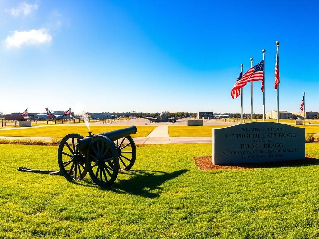 Flick International Panoramic view of Fort Bragg military base under a clear blue sky, showcasing lush green parade grounds and military installations.