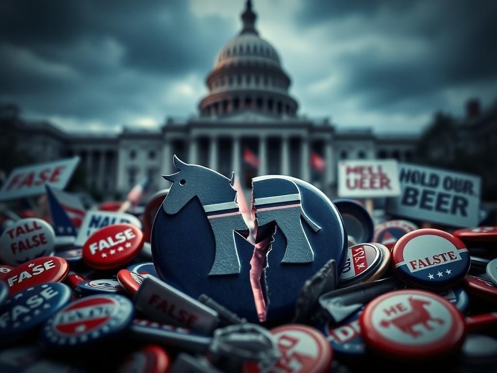 Flick International A cracked Democratic donkey symbol surrounded by protest signs and buttons