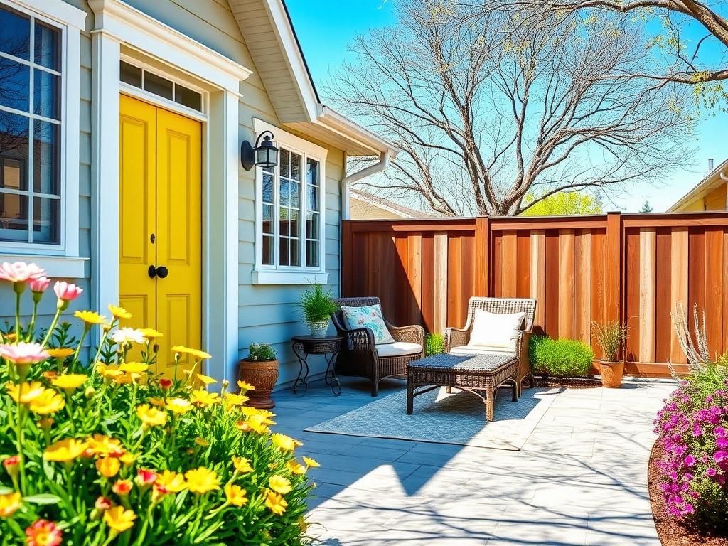 Flick International A vibrant spring scene featuring a beautifully updated home exterior with freshly painted doors and blooming flowers.