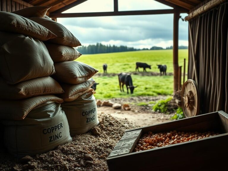 Flick International Rustic farm scene with bags of animal feed showing faded labels for copper and zinc levels