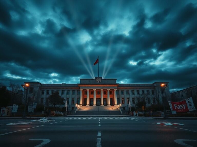 Flick International South Korean National Assembly building at dusk with dark clouds