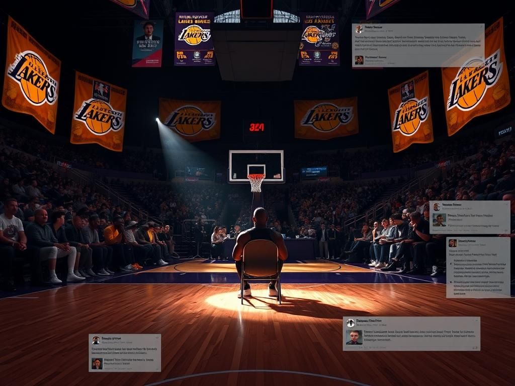 Flick International Tense basketball court scene highlighting the Lakers' bench with a spotlight on an empty seat symbolizing LeBron James' absence