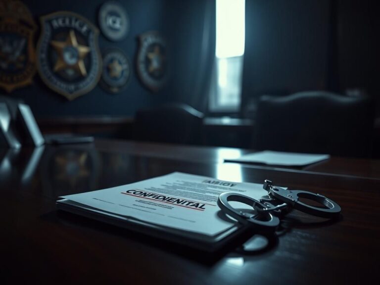 Flick International Dimly lit government office scene emphasizing secrecy in Homeland Security with a 'CONFIDENTIAL' document and handcuffs