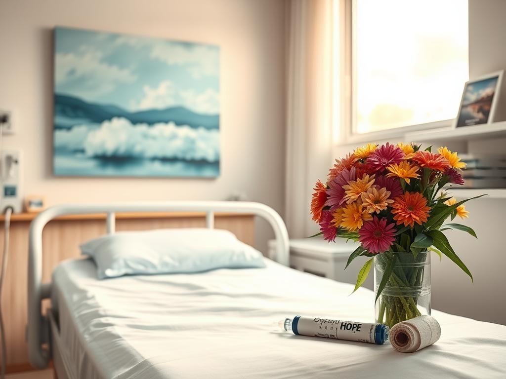 Flick International A serene hospital room with a hospital bed and colorful flowers symbolizing hope