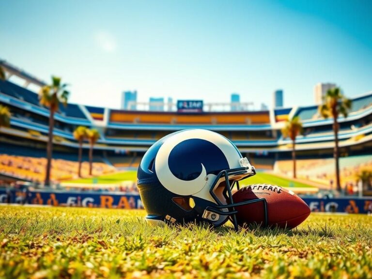 Flick International Vibrant scene of Los Angeles Rams stadium with football helmet and palm trees