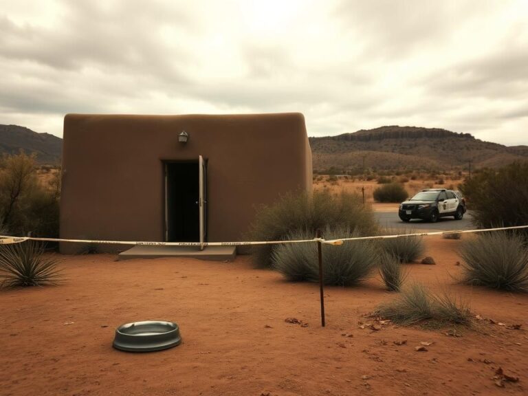 Flick International Somber exterior of a secluded home in Santa Fe, New Mexico, indicative of a recent investigation.