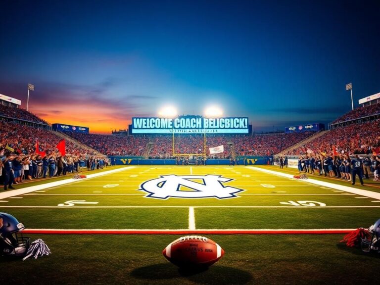 Flick International Dusk view of a vibrant college football field with the North Carolina Tar Heels logo