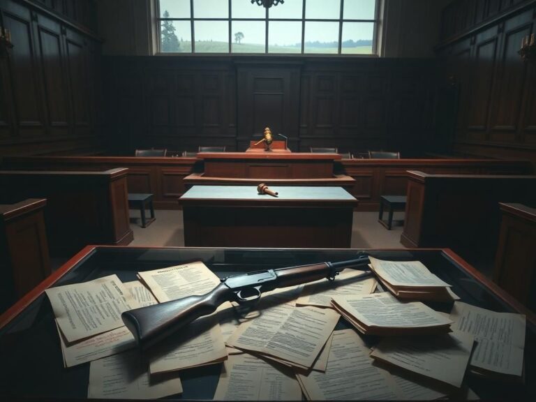 Flick International A courtroom scene featuring a large firearm in a glass case, symbolizing the seriousness of the Trump assassination attempt case.