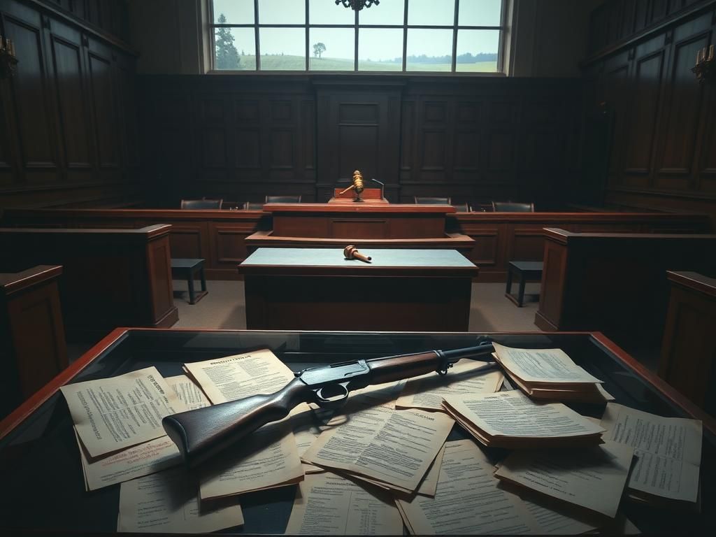 Flick International A courtroom scene featuring a large firearm in a glass case, symbolizing the seriousness of the Trump assassination attempt case.