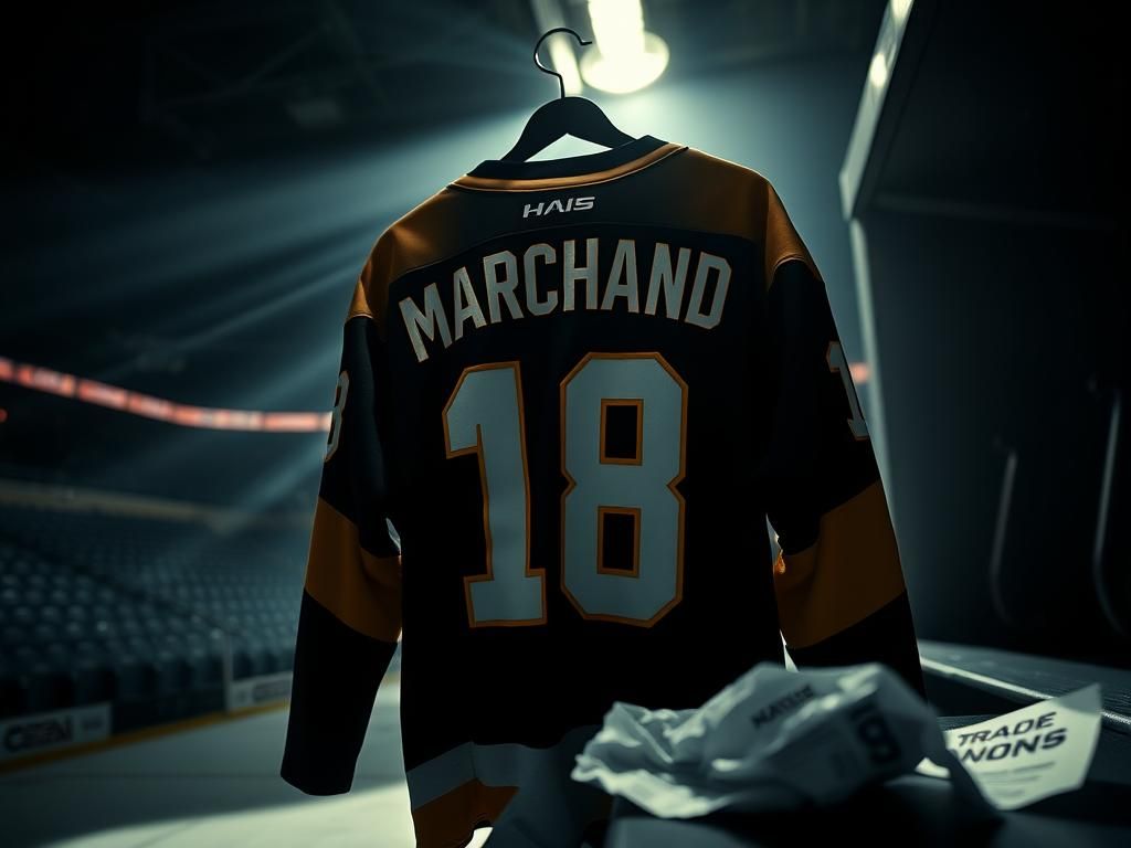 Flick International Close-up of Boston Bruins jersey with 'MARCHAND' in a locker room