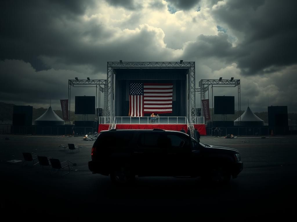 Flick International Shadowy political rally stage with barricades and an American flag