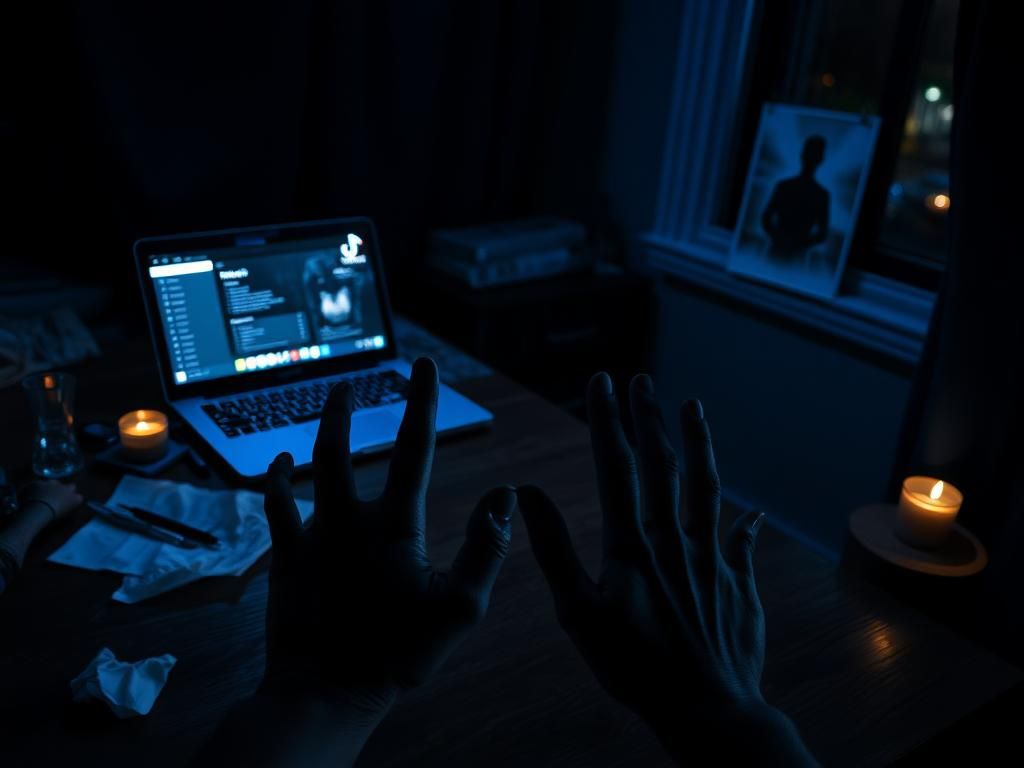 Flick International Dimly lit college dorm room with handprints and TikTok on laptop