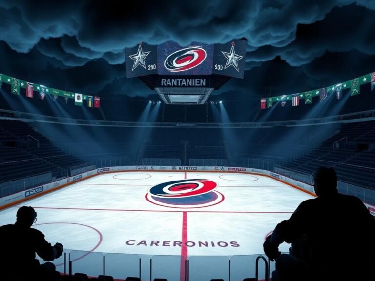 Flick International Dramatic hockey rink scene highlighting the recent trade of Mikko Rantanen from the Carolina Hurricanes