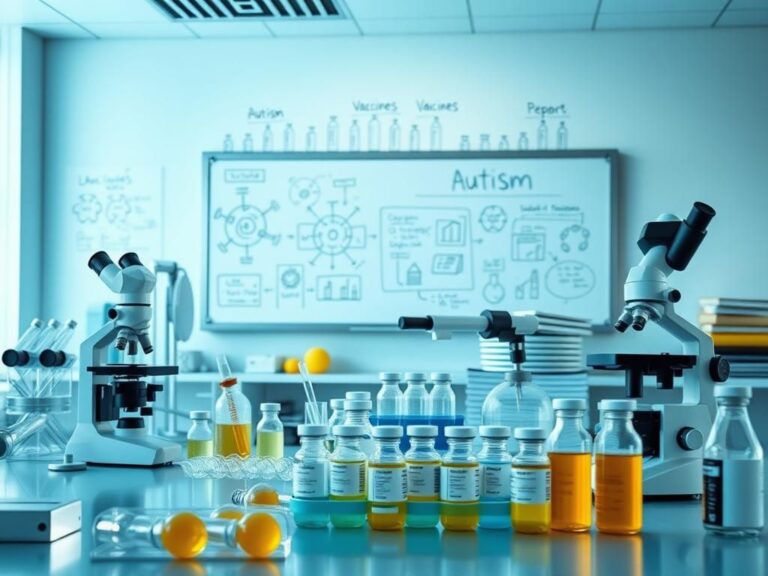 Flick International Laboratory setting with scientific tools related to vaccines and autism research