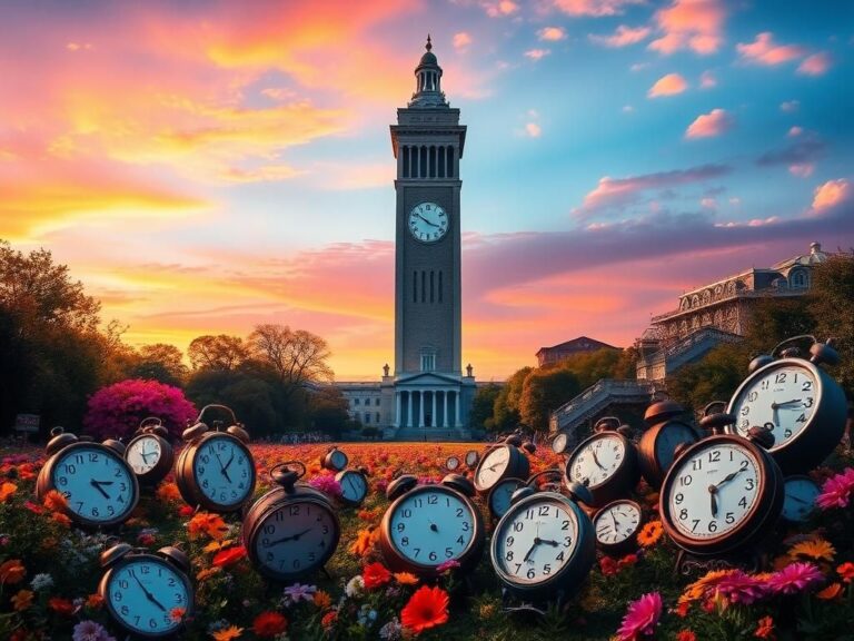 Flick International Surrealistic clock tower in a whimsical landscape representing time manipulation