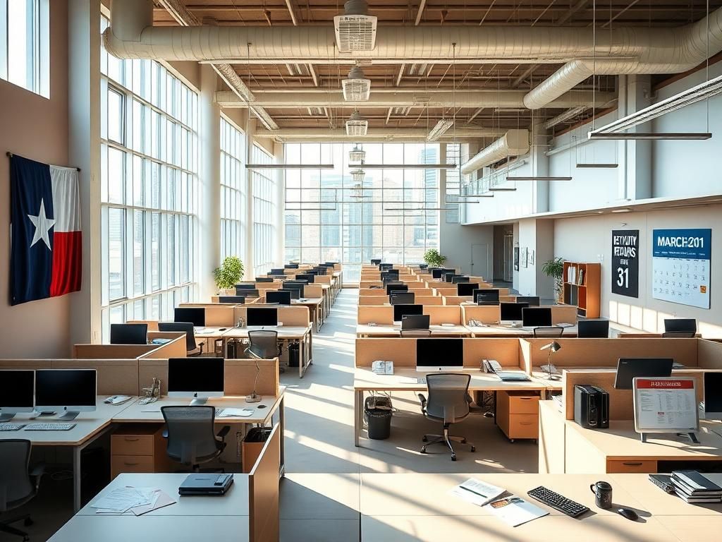 Flick International Modern office workspace in downtown Austin, Texas with empty desks and sunlight