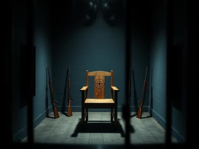 Flick International A dimly lit execution chamber with an empty wooden chair and rifles leaning against the wall