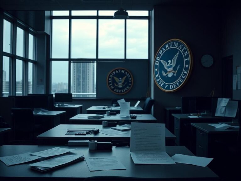 Flick International Dimly lit office space within a government building showing empty desks and resignation letters