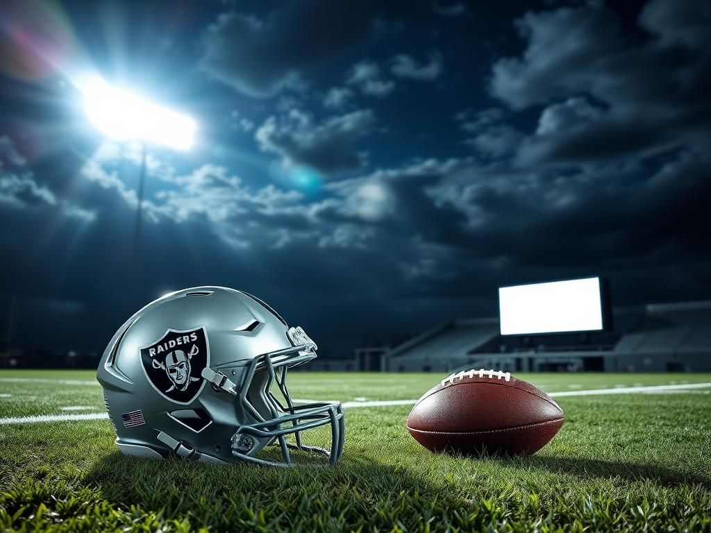 Flick International A Las Vegas Raiders football helmet on the field under stadium lights at night