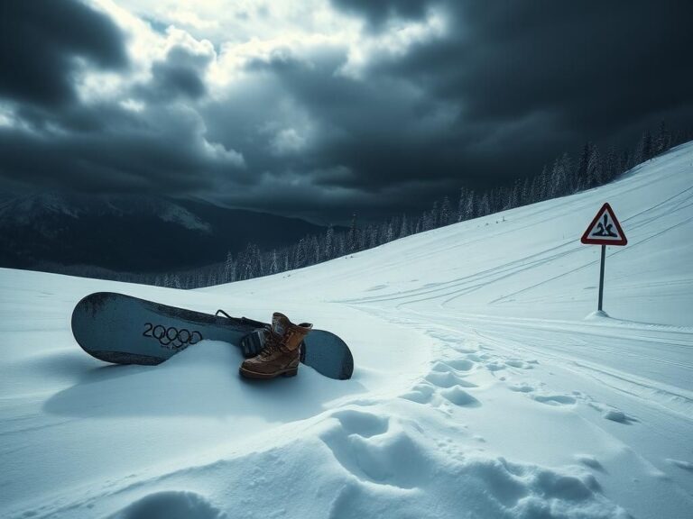 Flick International snowy mountain landscape with ski tracks and abandoned snowboarding equipment