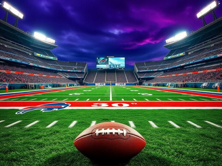 Flick International Dramatic football scene depicting a vibrant stadium with the Buffalo Bills' colors against the Philadelphia Eagles under stadium lights