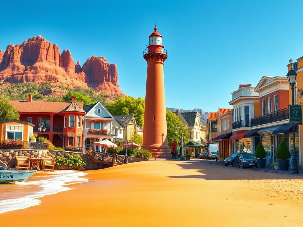 Flick International A serene beach scene representing welcoming cities in America with a vintage lighthouse