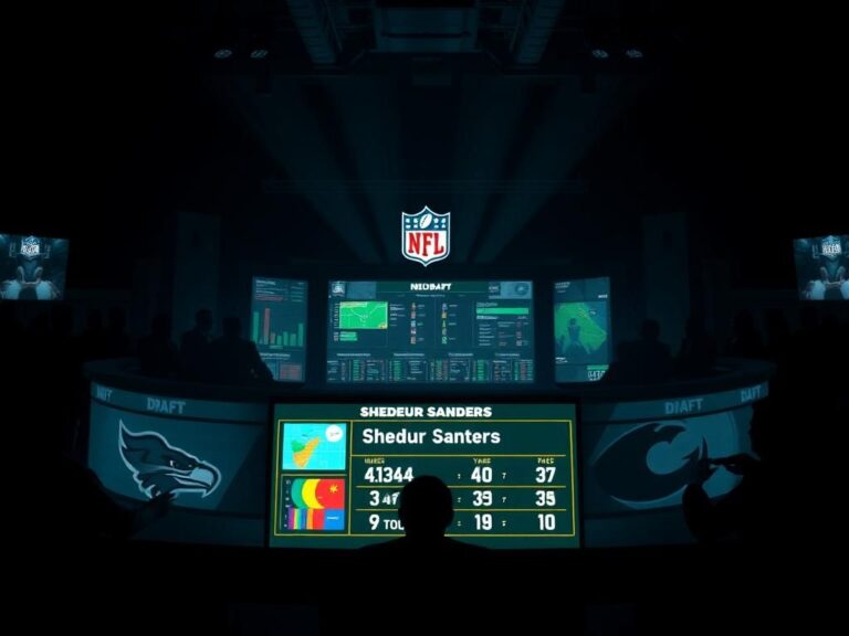 Flick International Shedeur Sanders' NFL draft stats displayed on a glowing digital screen in a tense draft room