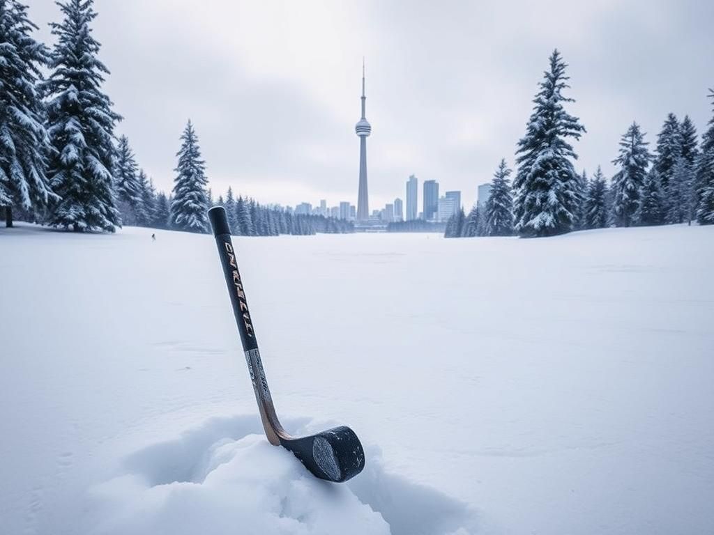 Flick International Winter landscape in Canada with a broken hockey stick symbolizing Wayne Gretzky's heartache