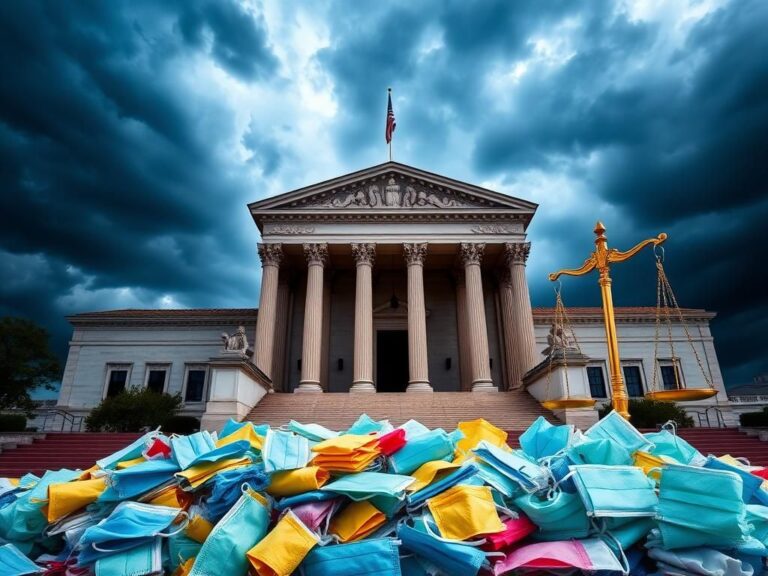 Flick International Large courthouse facade with American flag and piles of PPE representing pandemic hoarding