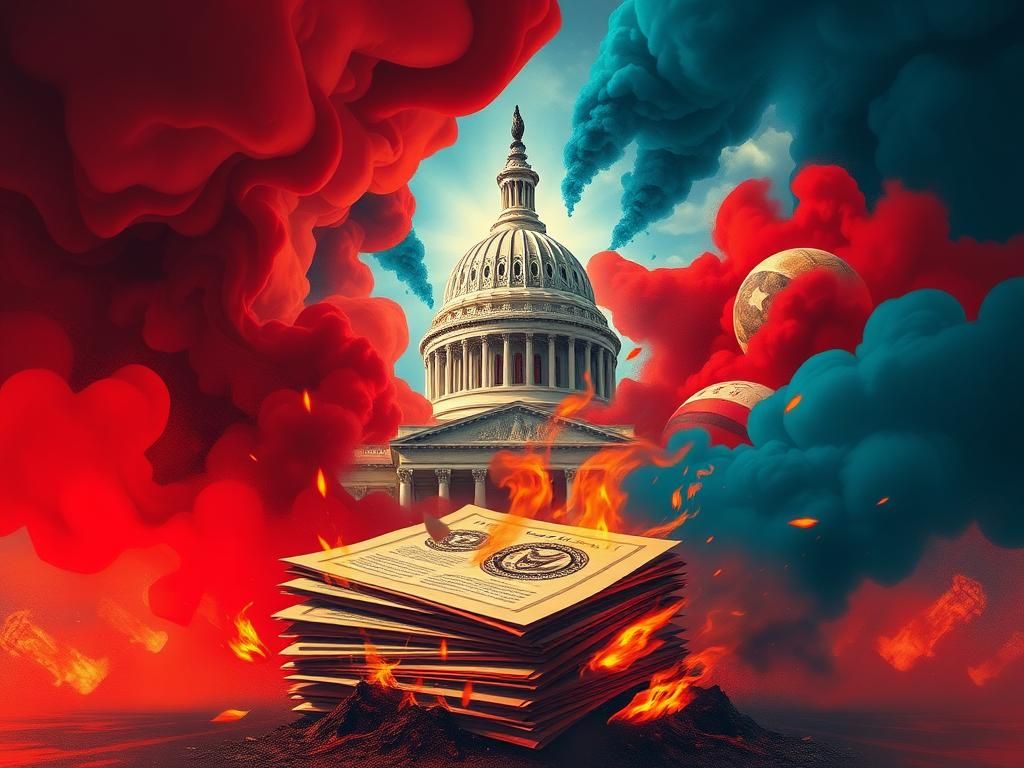 Flick International Abstract representation of the U.S. Capitol building surrounded by red and blue smoke symbolizing political conflict