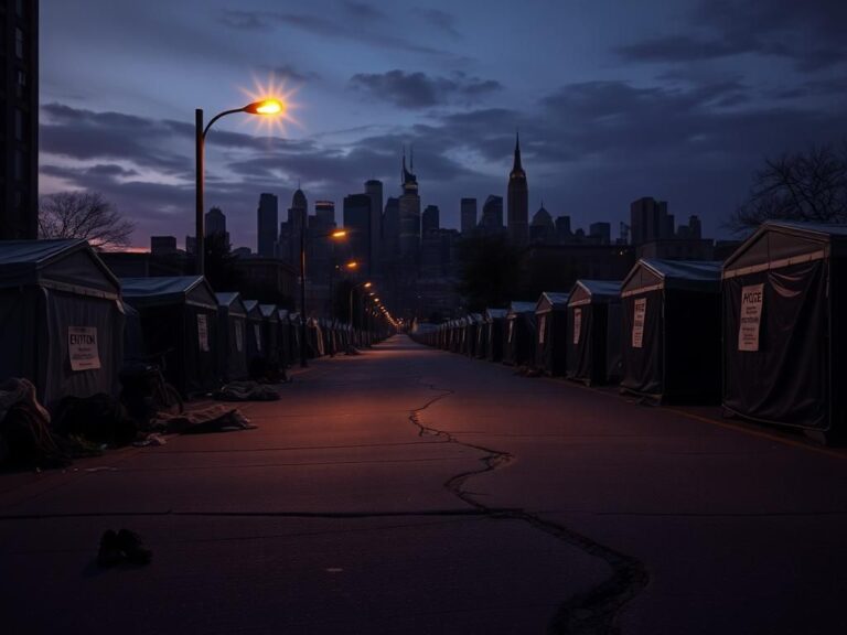 Flick International A stark urban landscape at dusk showing a deserted street with temporary shelters and eviction notices