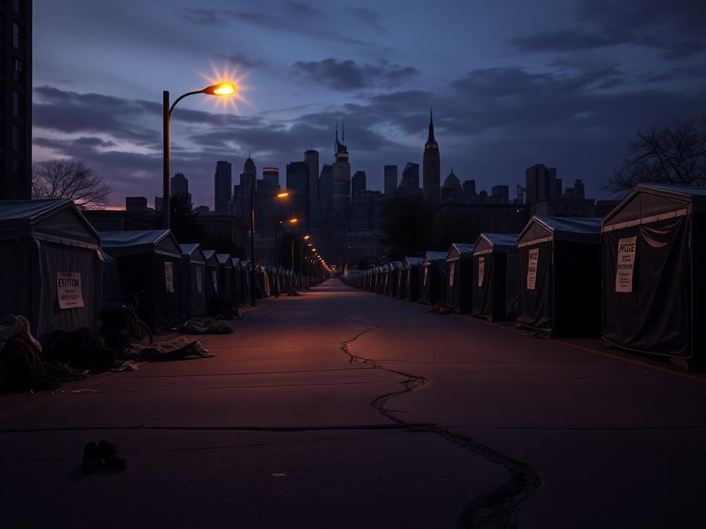 Flick International A stark urban landscape at dusk showing a deserted street with temporary shelters and eviction notices