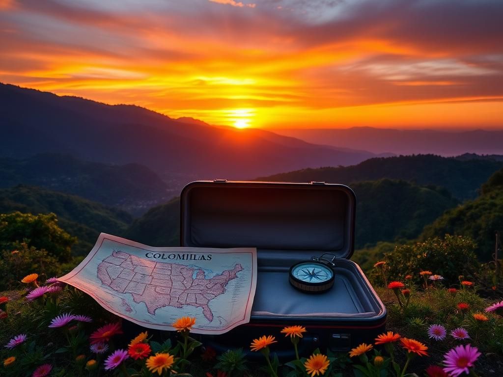 Flick International Sunset over a Colombian landscape with an empty suitcase symbolizing migration