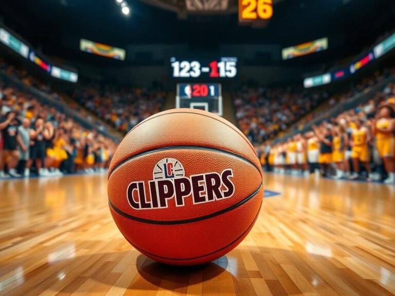 Flick International Close-up of an NBA basketball with the Los Angeles Clippers logo on a vibrant court