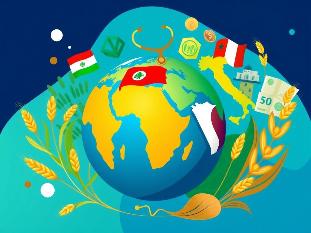 Flick International Abstract representation of global diplomacy with a stylized globe and cultural symbols of Kuwait, Lebanon, Morocco, and Italy