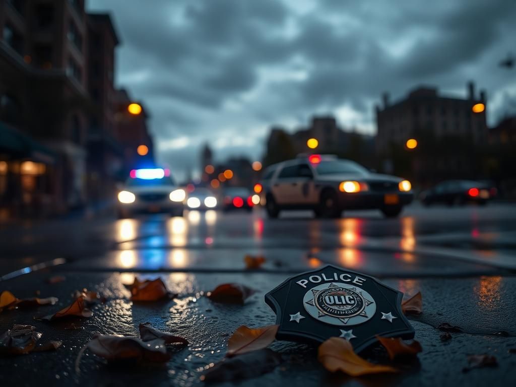 Flick International Police badge on wet pavement amidst fallen leaves in Newark